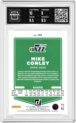 Mike Conley from the 2021-22 Panini Donruss set graded by Arena Club and given an overall grade of 9.5.