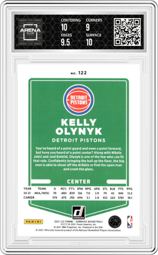 Kelly Olynyk from the 2021-22 Panini Donruss set graded by Arena Club and given an overall grade of 9.5.