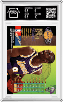 Kobe Bryant from the 1997-98 Metal Universe Championship set graded by Arena Club and given an overall grade of 9.5.
