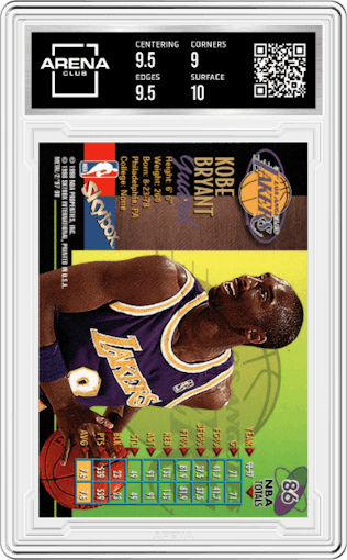 Kobe Bryant from the 1997-98 Metal Universe Championship set graded by Arena Club and given an overall grade of 9.5.