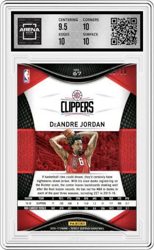 DeAndre Jordan from the 2016-17 Panini Totally Certified set featuring a Gold parallel graded by Arena Club and given an overall grade of 10.