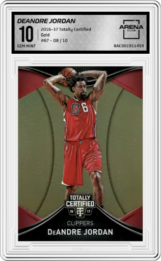 DeAndre Jordan from the 2016-17 Panini Totally Certified set featuring a Gold parallel graded by Arena Club and given an overall grade of 10.