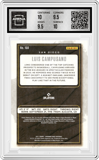 Luis Campusano from the 2021 Panini Diamond Kings set graded by Arena Club and given an overall grade of 10.