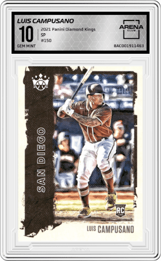Luis Campusano from the 2021 Panini Diamond Kings set graded by Arena Club and given an overall grade of 10.