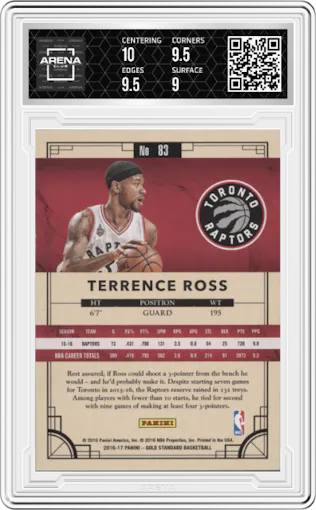 Terrence Ross from the 2016-17 Panini Gold Standard set featuring a AU parallel graded by Arena Club and given an overall grade of 9.5.