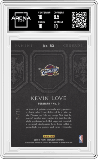 Kevin Love from the 2014-15 Panini Excalibur set featuring a Purple parallel graded by Arena Club and given an overall grade of 9.