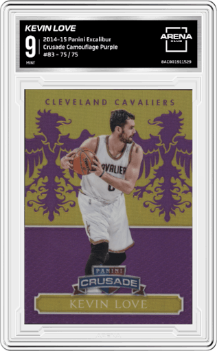 Kevin Love from the 2014-15 Panini Excalibur set featuring a Purple parallel graded by Arena Club and given an overall grade of 9.