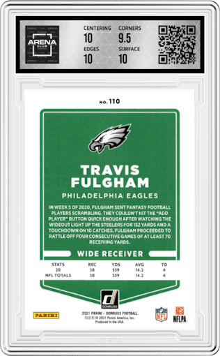 Travis Fulgham from the 2021 Panini Donruss set graded by Arena Club and given an overall grade of 10.