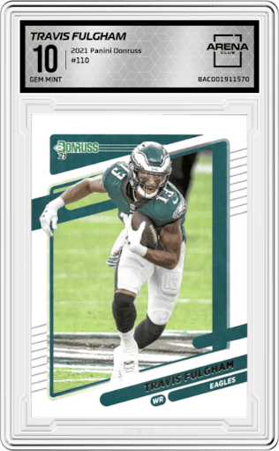 Travis Fulgham from the 2021 Panini Donruss set graded by Arena Club and given an overall grade of 10.