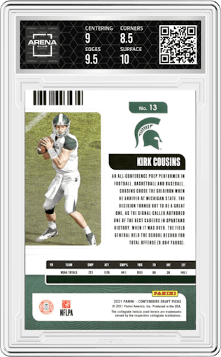 Kirk Cousins from the 2021 Panini Contenders Draft Picks set graded by Arena Club and given an overall grade of 9.