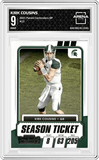 Kirk Cousins from the 2021 Panini Contenders Draft Picks set graded by Arena Club and given an overall grade of 9.