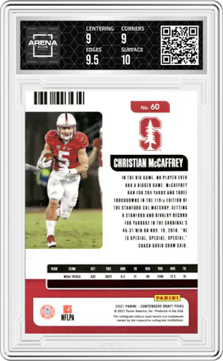 Christian McCaffrey from the 2021 Panini Contenders Draft Picks set graded by Arena Club and given an overall grade of 9.5.