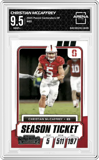 Christian McCaffrey from the 2021 Panini Contenders Draft Picks set graded by Arena Club and given an overall grade of 9.5.