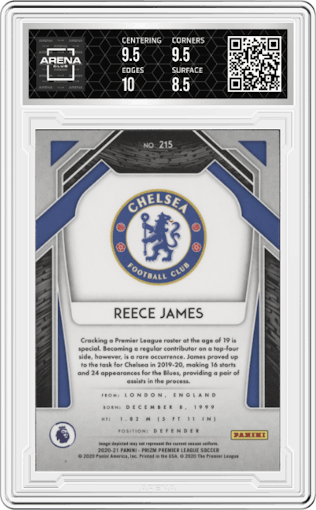 Reece James from the 2020-21 Panini Prizm Premier League set graded by Arena Club and given an overall grade of 9.