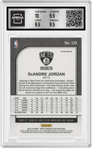 DeAndre Jordan from the 2019-20 Panini Hoops Premium Stock set featuring a Flash parallel graded by Arena Club and given an overall grade of 10.