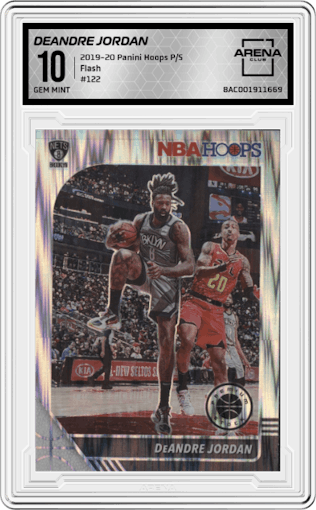 DeAndre Jordan from the 2019-20 Panini Hoops Premium Stock set featuring a Flash parallel graded by Arena Club and given an overall grade of 10.