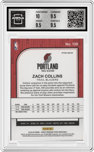 Zach Collins from the 2019-20 Panini Hoops Premium Stock set featuring a Flash parallel graded by Arena Club and given an overall grade of 10.