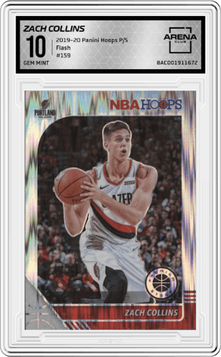 Zach Collins from the 2019-20 Panini Hoops Premium Stock set featuring a Flash parallel graded by Arena Club and given an overall grade of 10.