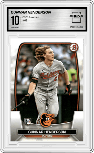 Gunnar Henderson from the 2023 Bowman  set graded by Arena Club and given an overall grade of 10.