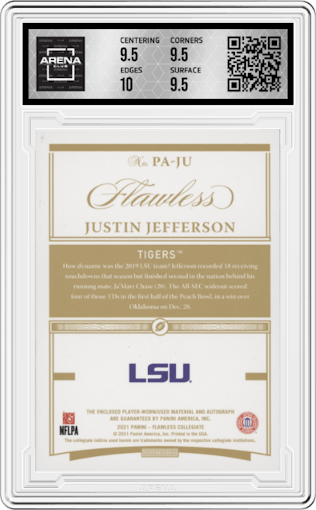 Justin Jefferson from the 2021 Panini Flawless Collegiate set featuring a Emerald parallel graded by Arena Club and given an overall grade of 10.