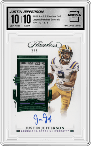 Justin Jefferson from the 2021 Panini Flawless Collegiate set featuring a Emerald parallel graded by Arena Club and given an overall grade of 10.