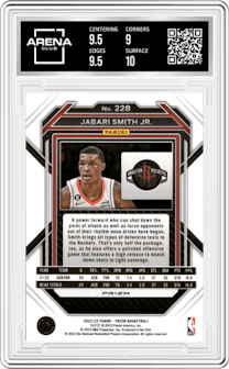 Jabari Smith Jr. from the 2022-23 Panini Prizm  set featuring a Pink Ice parallel graded by Arena Club and given an overall grade of 9.5.