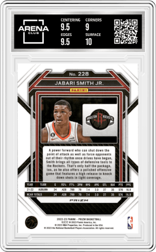 Jabari Smith Jr. from the 2022-23 Panini Prizm  set featuring a Pink Ice parallel graded by Arena Club and given an overall grade of 9.5.