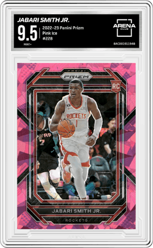 Jabari Smith Jr. from the 2022-23 Panini Prizm  set featuring a Pink Ice parallel graded by Arena Club and given an overall grade of 9.5.