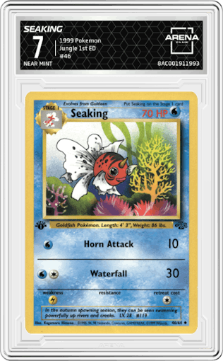 Seaking from the 1999 Pokemon set graded by Arena Club and given an overall grade of 7.