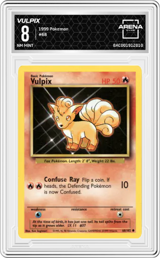 Vulpix from the 1999 Pokemon set graded by Arena Club and given an overall grade of 8.
