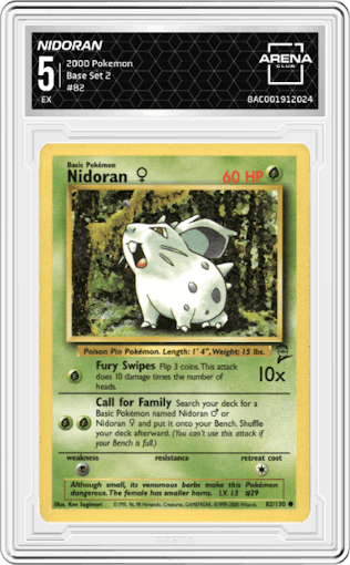 Nidoran from the 2000 Pokemon set graded by Arena Club and given an overall grade of 5.