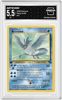 Articuno from the 1999 Pokemon set graded by Arena Club and given an overall grade of 5.5.