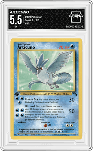 Articuno from the 1999 Pokemon set graded by Arena Club and given an overall grade of 5.5.