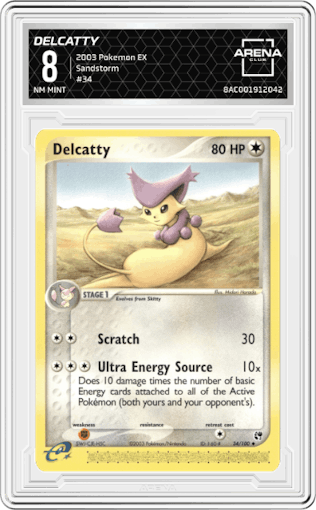 Delcatty from the 2003 Pokemon EX set graded by Arena Club and given an overall grade of 8.