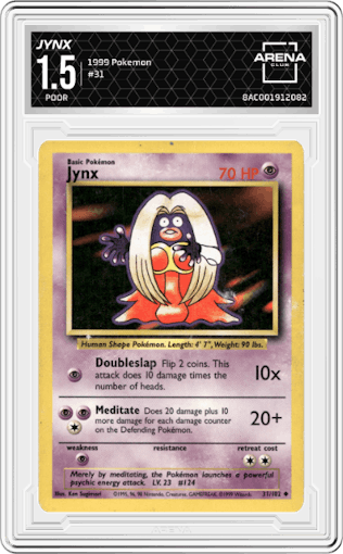 Jynx from the 1999 Pokemon set graded by Arena Club and given an overall grade of 1.5.
