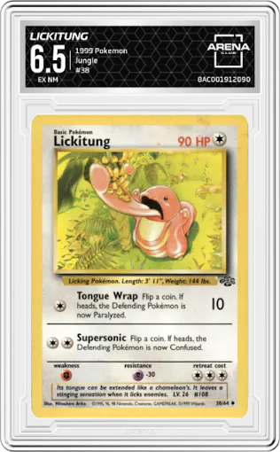 Lickitung from the 1999 Pokemon set graded by Arena Club and given an overall grade of 6.5.