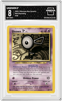 Unown F from the 2001 Pokemon Neo Genesis set graded by Arena Club and given an overall grade of 8.