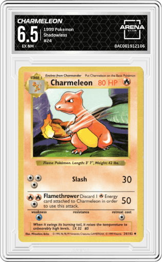 Charmeleon from the 1999 Pokemon set graded by Arena Club and given an overall grade of 6.5.