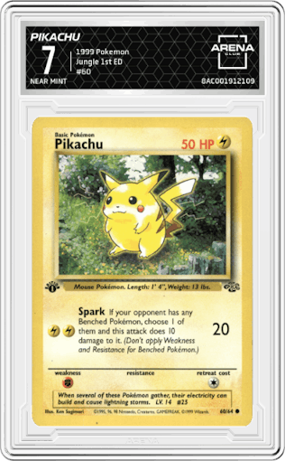Pikachu from the 1999 Pokemon set graded by Arena Club and given an overall grade of 7.
