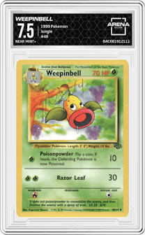Weepinbell from the 1999 Pokemon set graded by Arena Club and given an overall grade of 7.5.