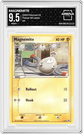 Magnemite from the 2004 Pokemon EX set featuring a Latios parallel graded by Arena Club and given an overall grade of 9.5.