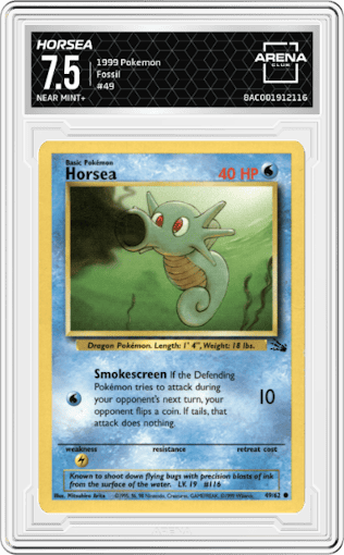 Horsea from the 1999 Pokemon set graded by Arena Club and given an overall grade of 7.5.