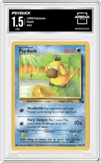 Psyduck from the 1999 Pokemon set graded by Arena Club and given an overall grade of 1.5.