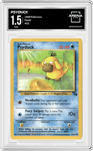 Psyduck from the 1999 Pokemon set graded by Arena Club and given an overall grade of 1.5.