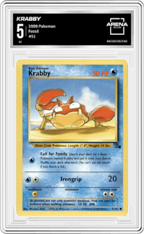Krabby from the 1999 Pokemon set graded by Arena Club and given an overall grade of 5.