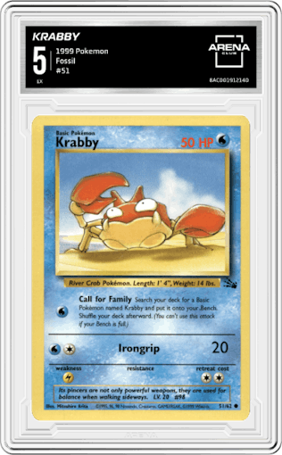 Krabby from the 1999 Pokemon set graded by Arena Club and given an overall grade of 5.
