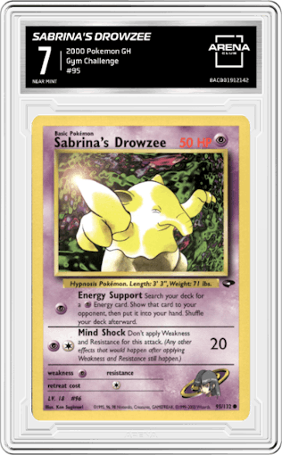 Sabrina's Drowzee from the 2000 Pokemon GH set graded by Arena Club and given an overall grade of 7.