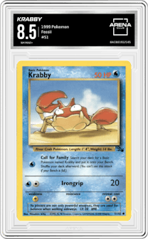 Krabby from the 1999 Pokemon set graded by Arena Club and given an overall grade of 8.5.
