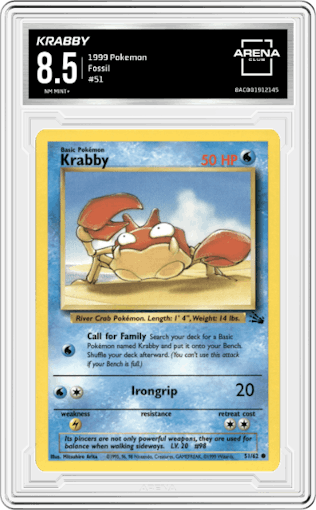 Krabby from the 1999 Pokemon set graded by Arena Club and given an overall grade of 8.5.