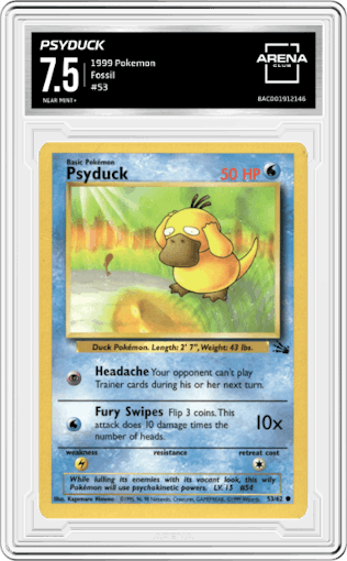 Psyduck from the 1999 Pokemon set graded by Arena Club and given an overall grade of 7.5.
